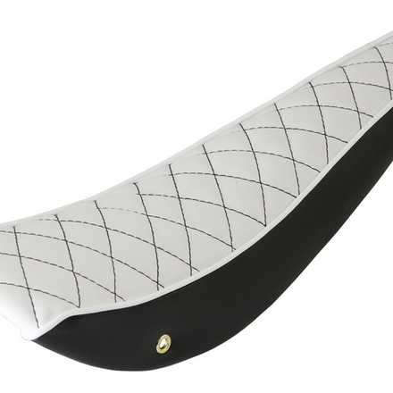 20" Diamond Banana Saddle Seat Vinyl White With Black Skirt and Black Stitch