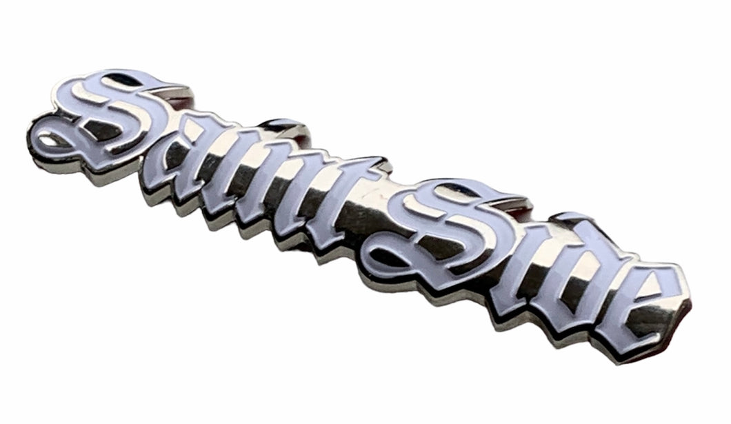 Saint Side Old English Logo White / Chrome Metal Badge