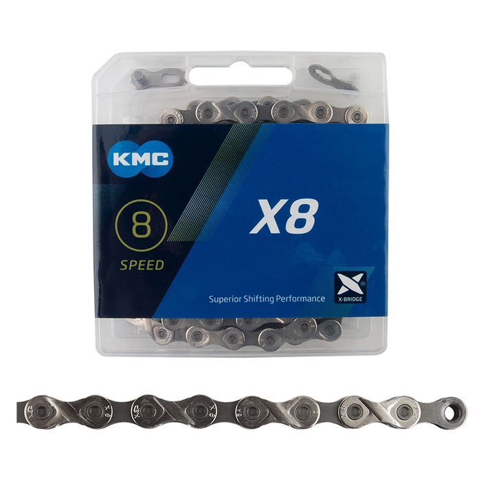 KMC Chain, X8.93, 1/2″ X 3/32″ X 116L, Suitable for 6/7/8 speed with connector in silver/grey colour